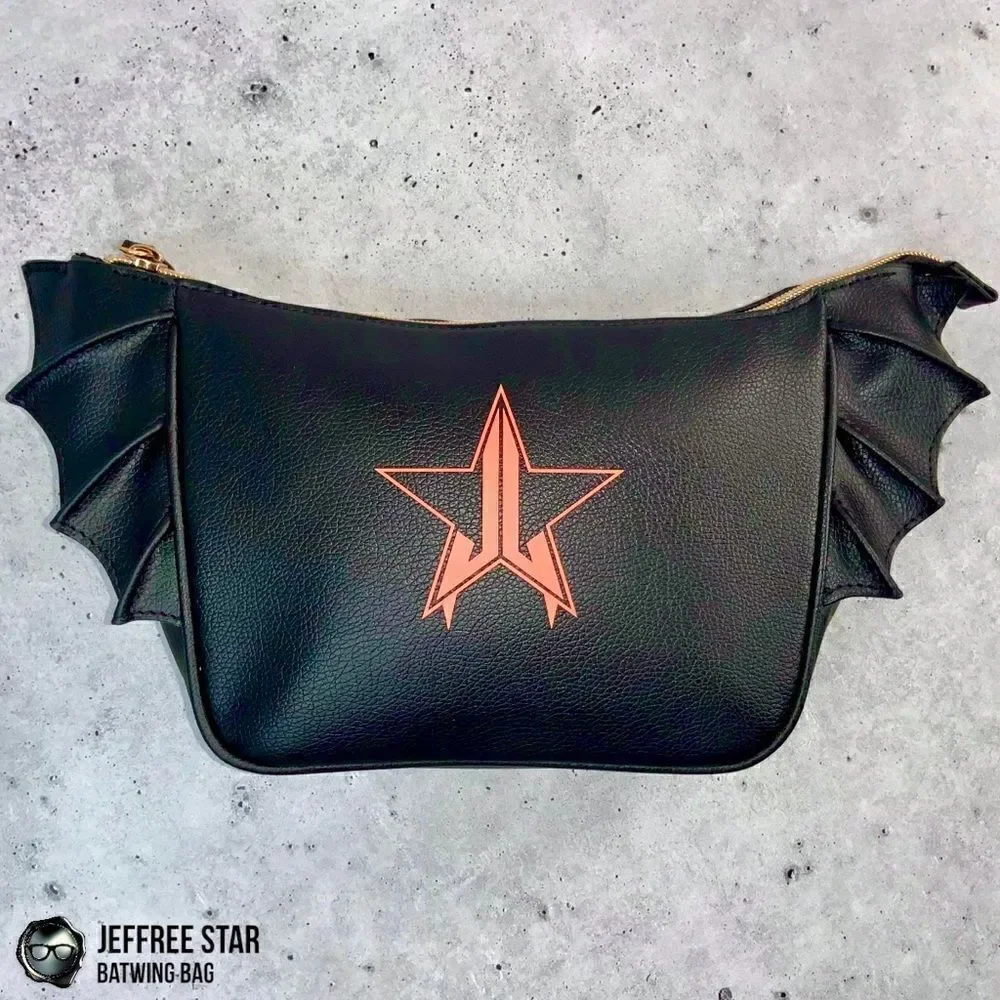 JEFFREE STAR BAT PURSE ZIPPER MAKEUP COSMETIC BAG IN BLACK VEGAN LEATHER BATWING